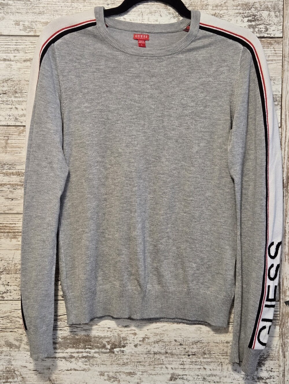 Guess Light Gray Crewneck Sweater with Red & Black Stripe Sleeve